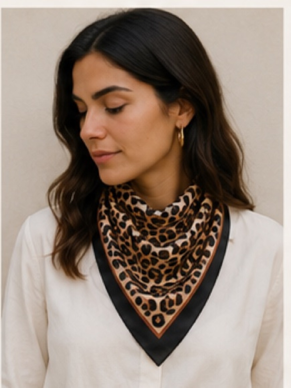 Leopard Print Satin Scarf 26β x 27β Neutral Black & Beige Square Scarf - Picture 5 of 10